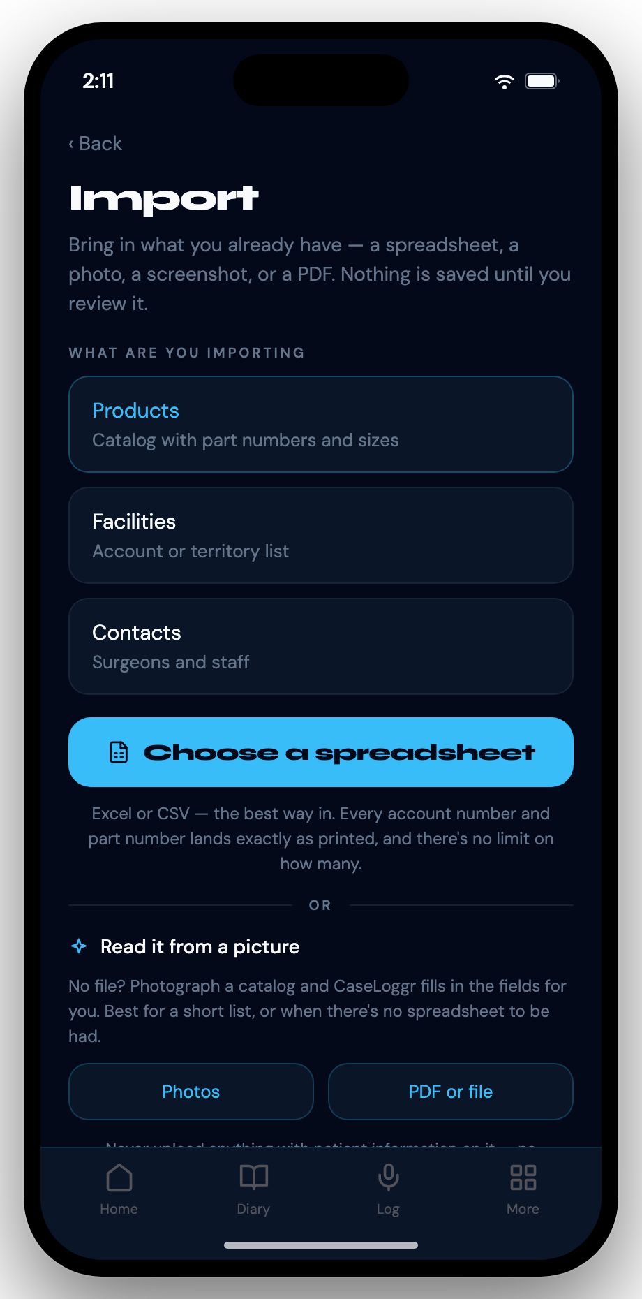 CaseLoggr import screen offering a spreadsheet, photo or PDF import for products, facilities and contacts